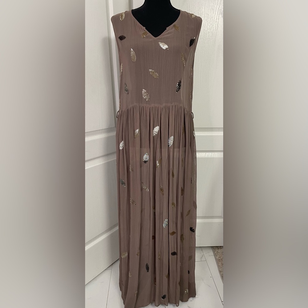 Beautiful Stories sheer beach cover maxi dress embellished sparkly mink color M